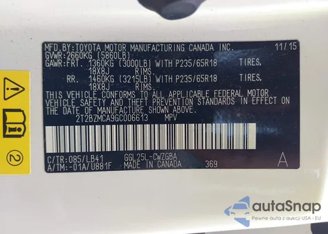 2016 Lexus Rx from USA, damaged, VIN 2T2BZMCA9GC006613